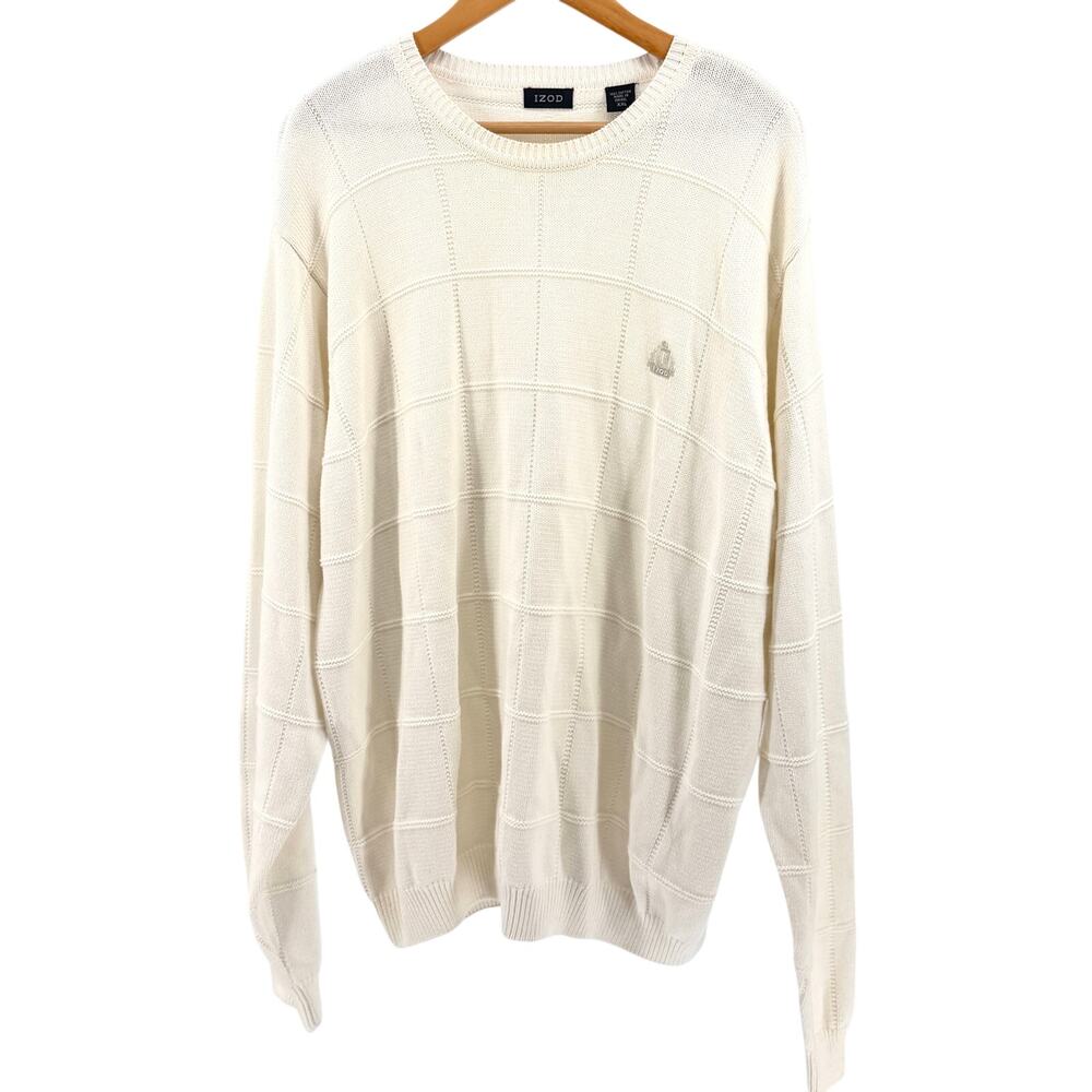 Vintage 90s Izod White 100% Cotton Chunky Grid Knit Crewneck Sweater